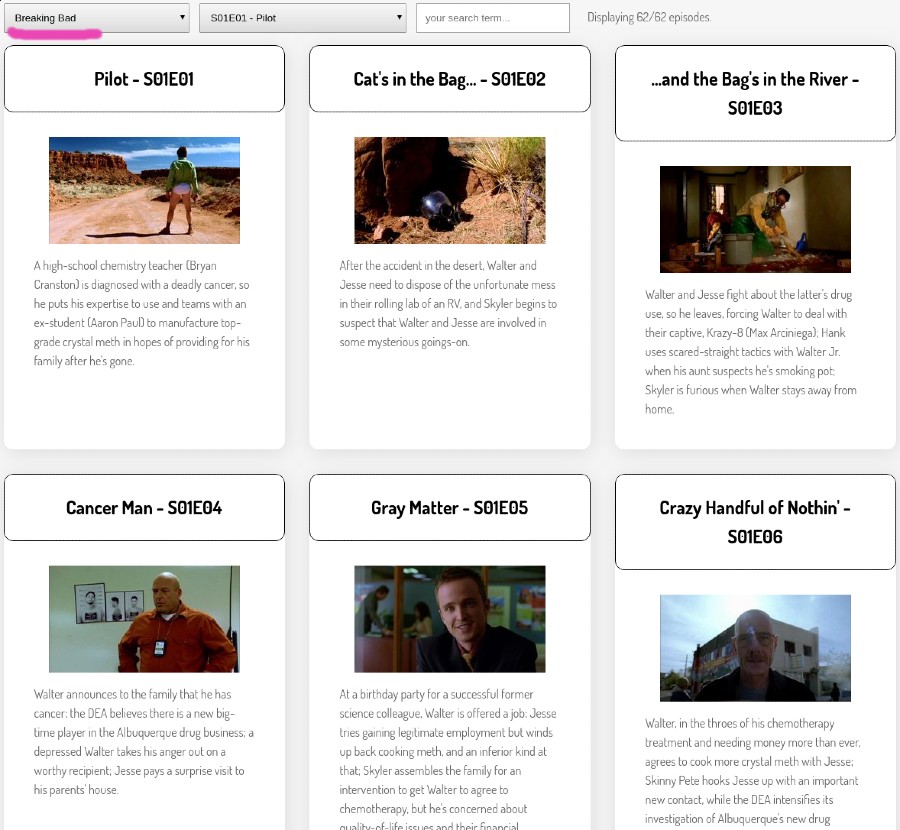 Screenshot of a website with a drop-down list with the show &ldquo;Breaking Bad&rdquo; selected
